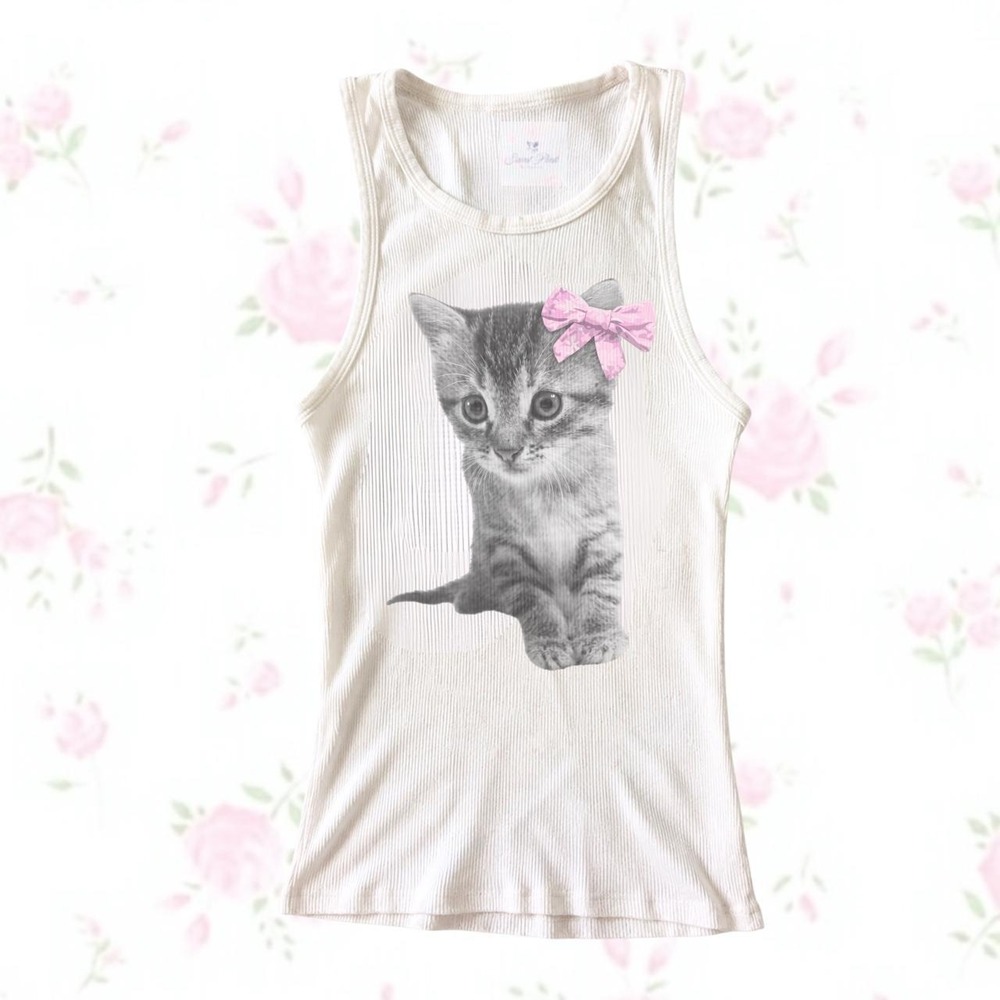 y2k coquette kitten with pink bow ribbed tank